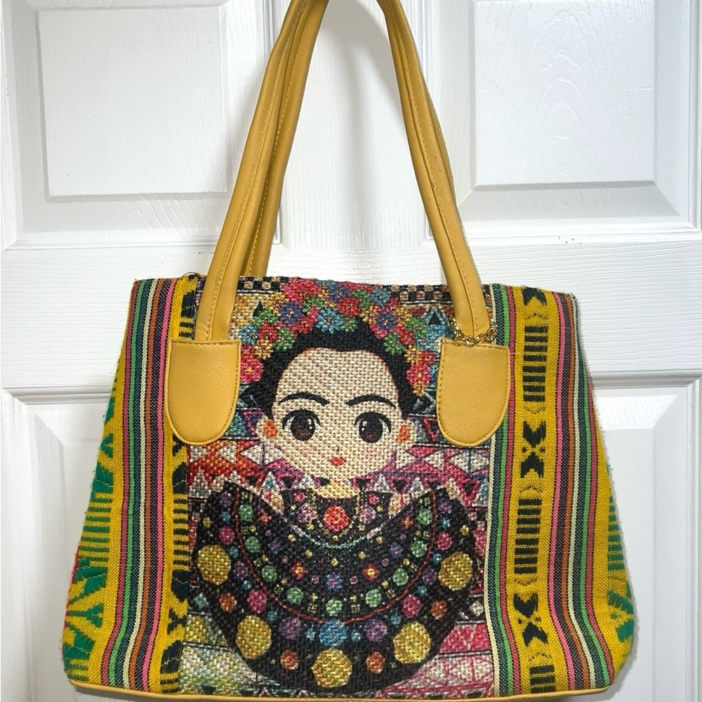 Frida Kahlo Tote Bag Yellow‎ Faux Leather Woven Front Panel
